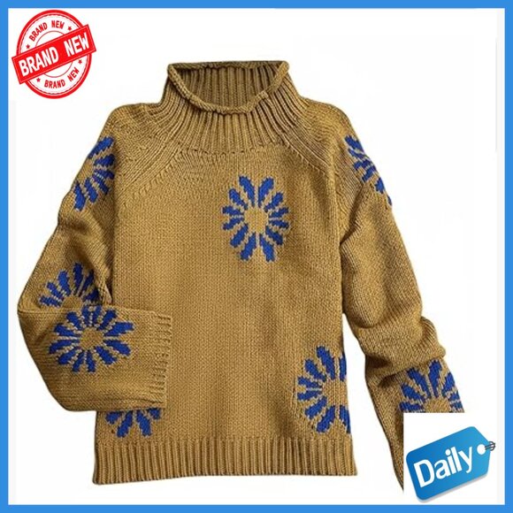 Sweaters - Floral Mock Neck Sweater Long Sleeve Knit Pullover Vintage Tops